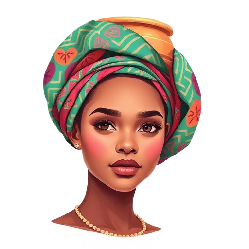 Health & Wellbeing illustration — young Ghanaian woman in a kayayei headscarf