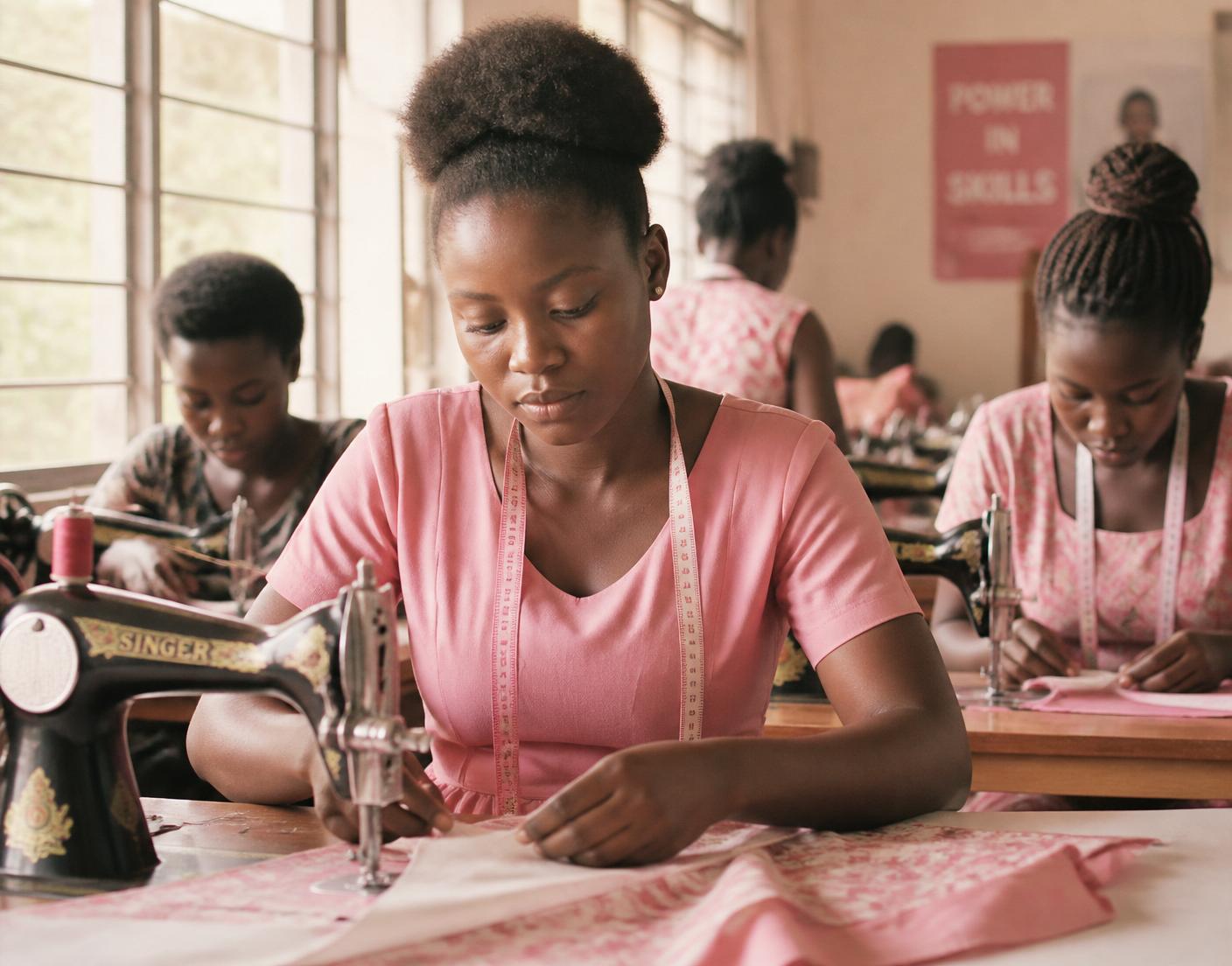 Young Ghanaian women learning tailoring in a bright workshop