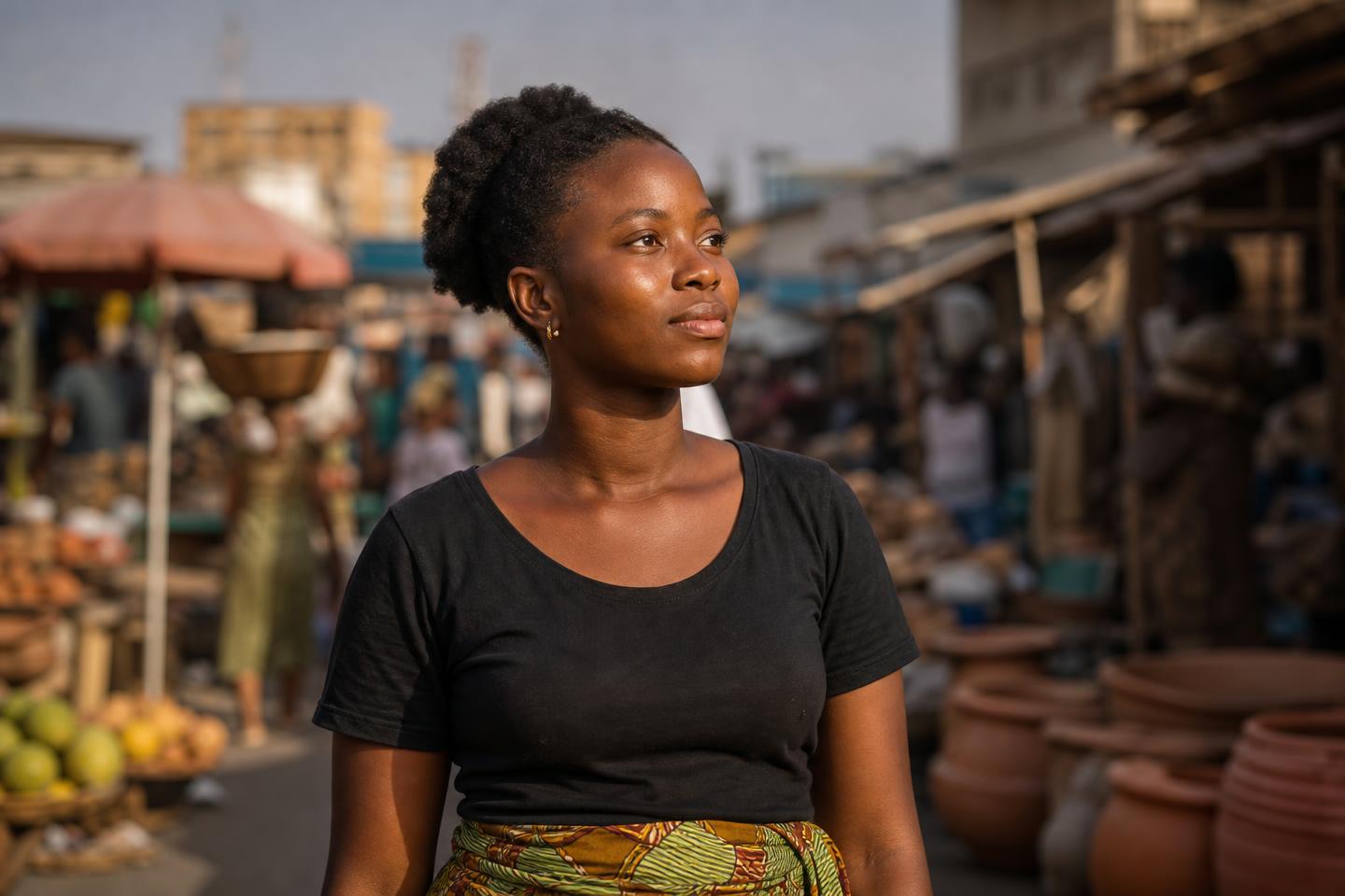 A young Ghanaian woman in an Accra market looking toward the future with hope and determination