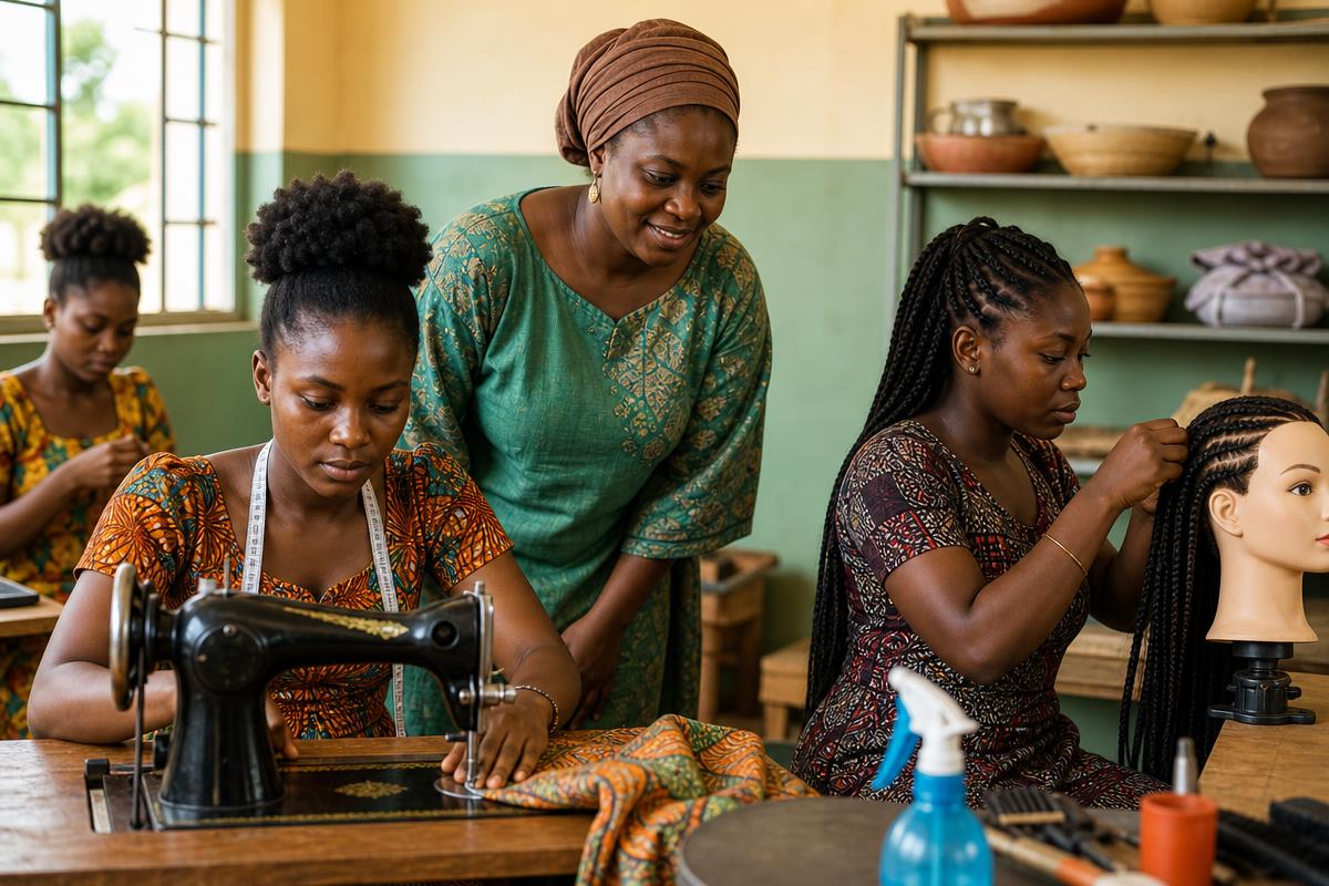 Young Ghanaian women learning vocational skills like sewing and hair braiding in a supportive workshop